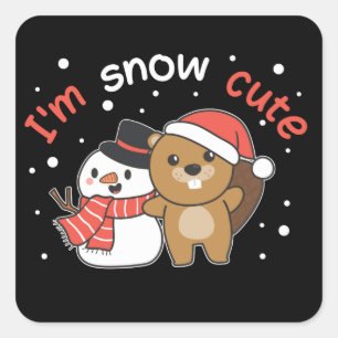 Sticker Carré Beaver Je suis Snow mignon Snowman Snow Pun Carré 