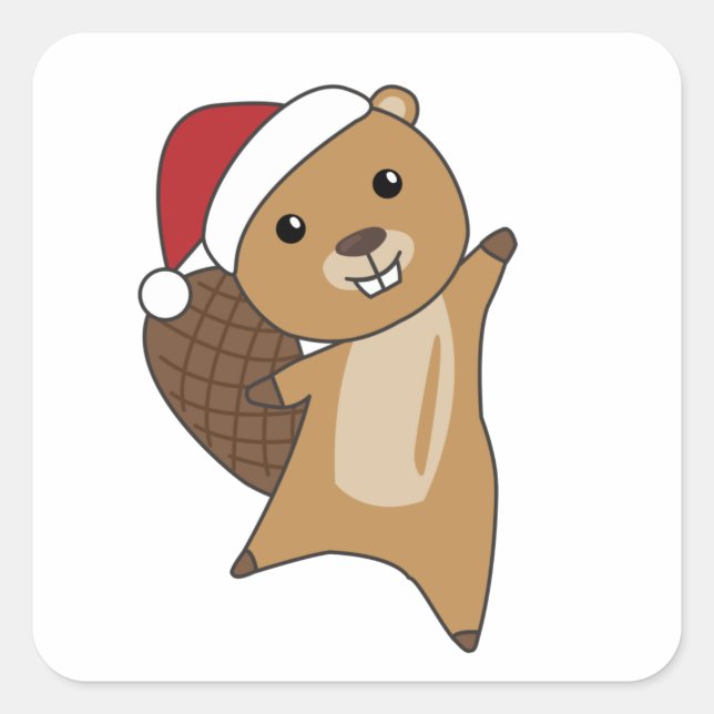 Sticker Carré Beaver Joyeux Noël Animaux d'hiver Beavers (Devant)