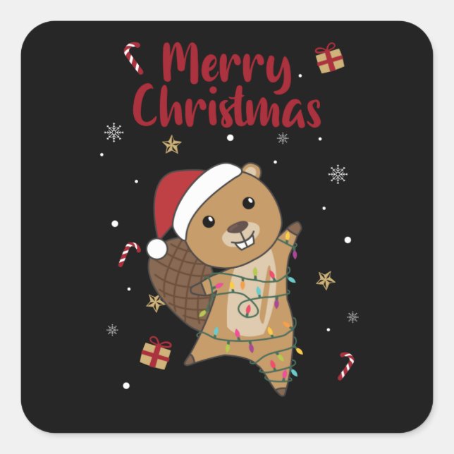 Sticker Carré Beaver Joyeux Noël Animaux d'hiver Beavers (Devant)