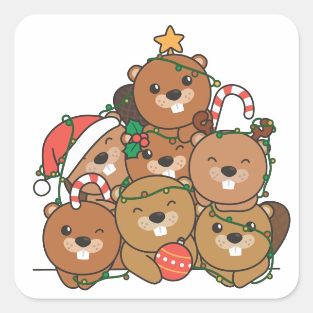 Sticker Carré Beaver sapin de Noël animal amusant squat de Noël (Devant)