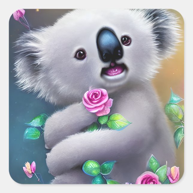 Sticker Carré Bébé adorable Ours Koala avec fleurs (Devant)