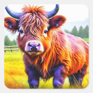 Sticker Carré Bébé adorable Vache Highland sur une ferme