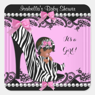 Sticker Carré Bébé Afro-Américain Fête de Naissance Fille Rose C