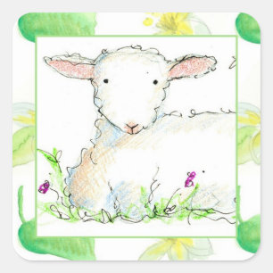 Sticker Carré Bébé Agneau de ferme Mouton Jaune Fleurs