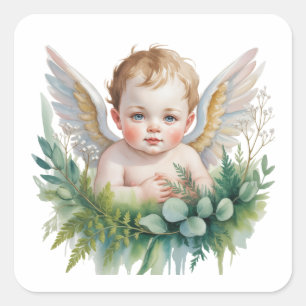 Sticker Carré Bébé ange à l'aquarelle avec baptême de verdure