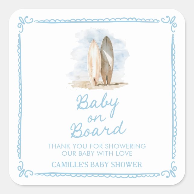 Sticker Carré Bébé bleu à bord Baby shower d'été (Devant)