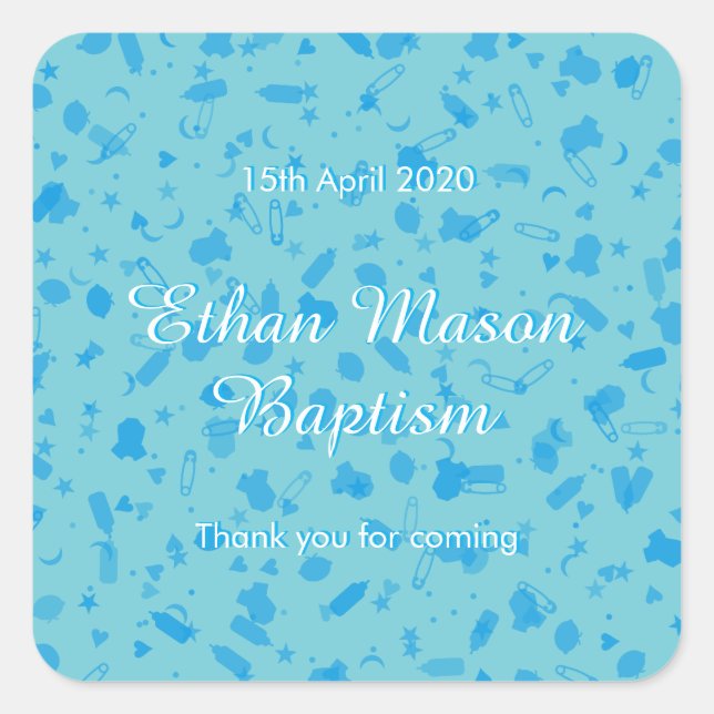 Sticker Carré Bébé Bleu Confetti Baptême Christening Favoriser (Devant)