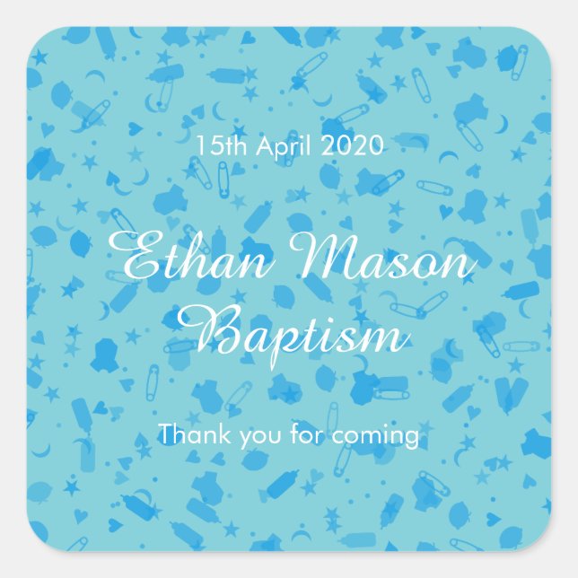 Sticker Carré Bébé Bleu Confetti Baptême Christening Favoriser (Devant)