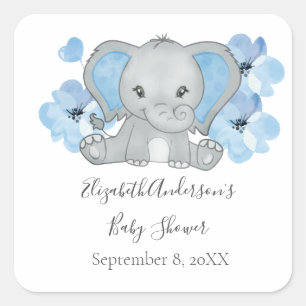 Sticker Carré Bébé bleu garçon éléphant Baby shower fleurs ballo