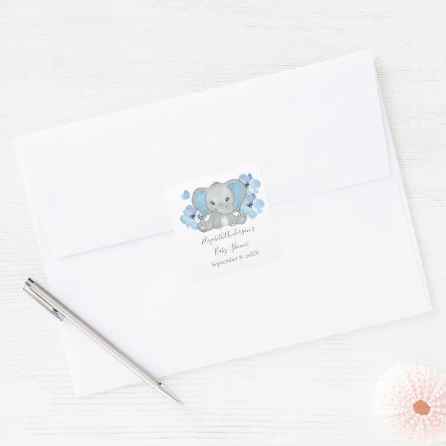 Sticker Carré Bébé bleu garçon éléphant Baby shower fleurs ballo (Enveloppe)