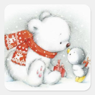 Sticker Carré Bébé de Noël Ours polaire Baiser Oiseau