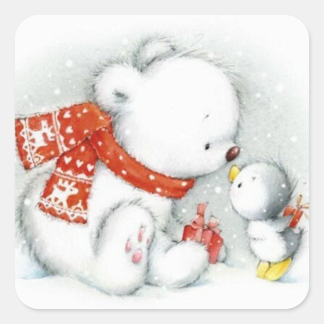 Sticker Carré Bébé de Noël Ours polaire Baiser Oiseau (Devant)
