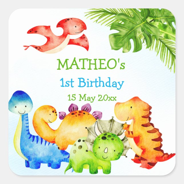 Sticker Carré Bébé dinosaures fête d'anniversaire enfant (Devant)