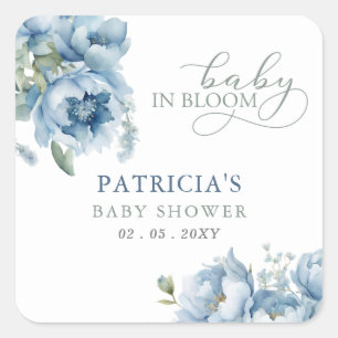 Sticker Carré Bébé en Fleur bleu Baby shower Floral Garçon