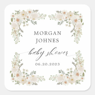 Sticker Carré bébé en fleur d'ivoire baby shower fleuri