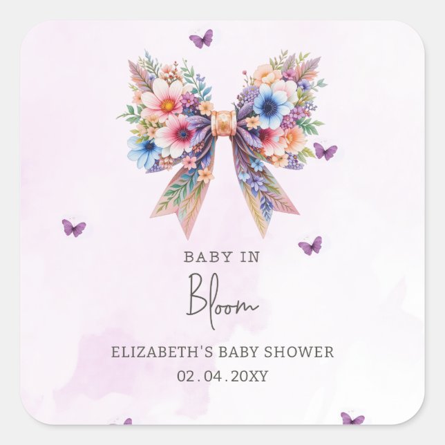 Sticker Carré Bébé en fleur Fleur sauvage Bow Girl Baby shower (Devant)