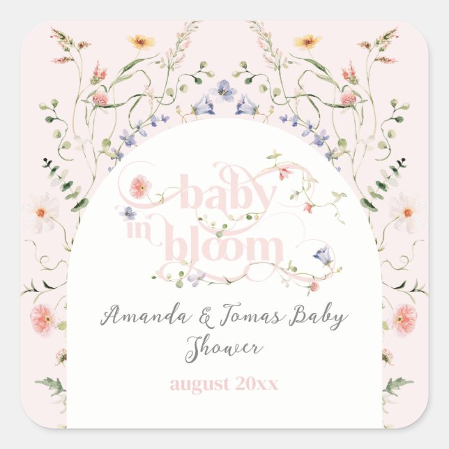 Sticker Carré Bébé en Fleur Fleur sauvage Fille Baby shower rose (Devant)