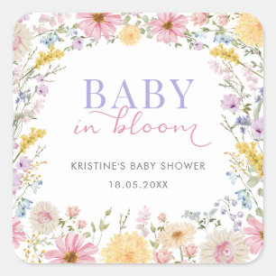 Sticker Carré Bébé en fleurs : Baby Shower Douce Prairie de Fleu
