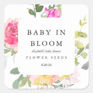 Sticker Carré Bébé en fleurs Baby shower floral blanc