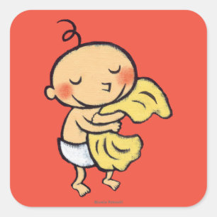 Sticker Carré Bébé étreignant la couverture jaune molle