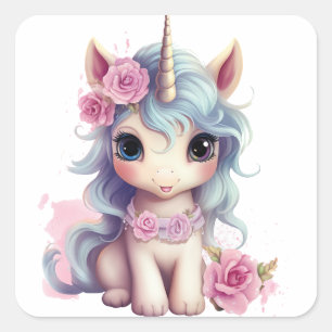 Sticker Carré Bébé fée mignon Unicorn Imaginaire mousseux