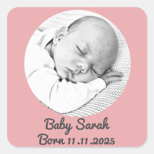 Sticker Carré bébé fille faire-part de naissance photo et nom pe