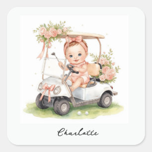 Sticker Carré Bébé fille golf Fête prénatale conduisant un chari