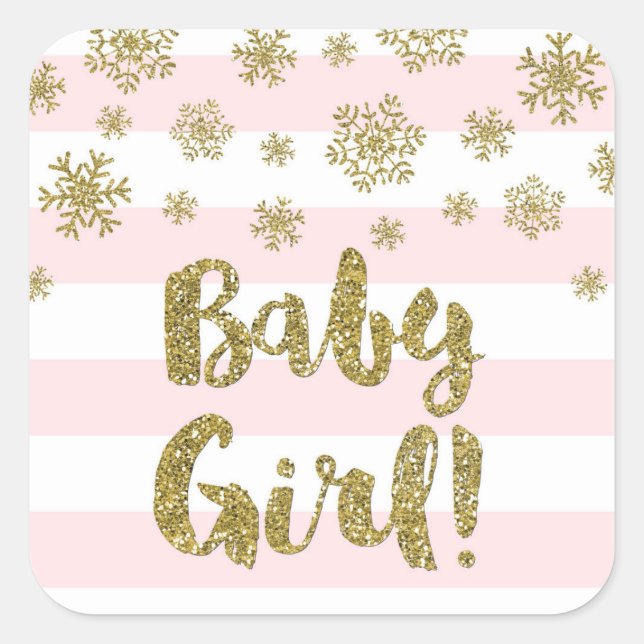 Sticker Carré Bébé Fille rose rayure or neige Baby shower d'hive (Devant)