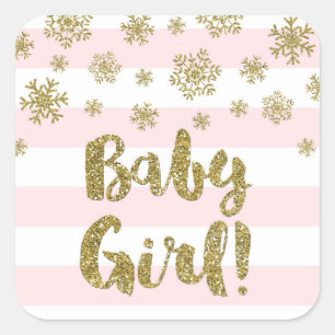 Sticker Carré Bébé Fille rose rayure or neige Baby shower d'hive