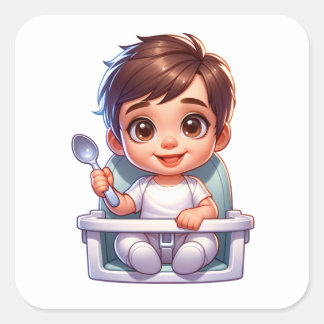 Sticker Carré Bébé garçon aux yeux marrons mignon tenant une cui