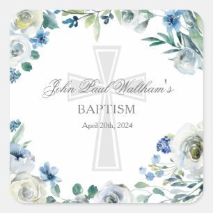 Sticker Carré Bébé garçon Baptême mignon bleu floral Croix relig