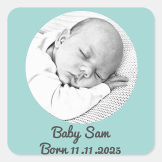 Sticker Carré bébé garçon faire-part de naissance photo et nom p