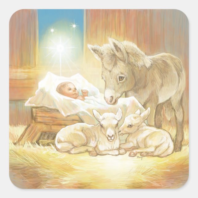 Sticker Carré Bébé Jésus Nativité avec agneaux et âne (Devant)