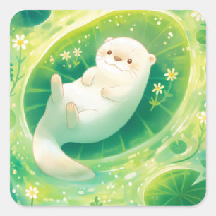 Sticker Carré Bébé loutre blanche mignonne flottant sur un nénup