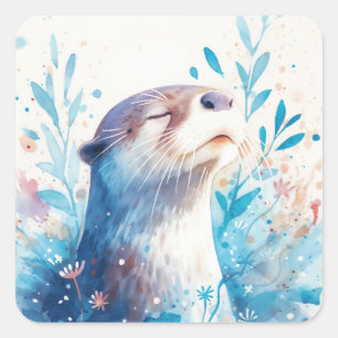 Sticker Carré Bébé loutre bleu mignon endormi dans un jardin fle