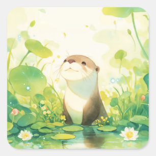 Sticker Carré Bébé loutre mignon dans un étang avec de grandes f