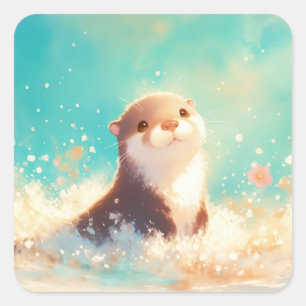 Sticker Carré Bébé loutre mignon jouant dans l'océan doré scinti