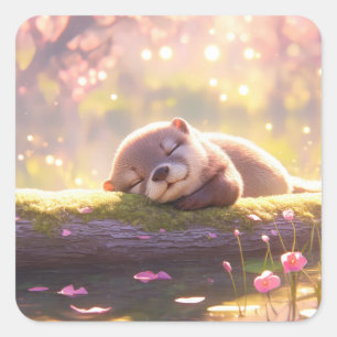 Sticker Carré Bébé loutre mignonne endormie sur une bûche moussu