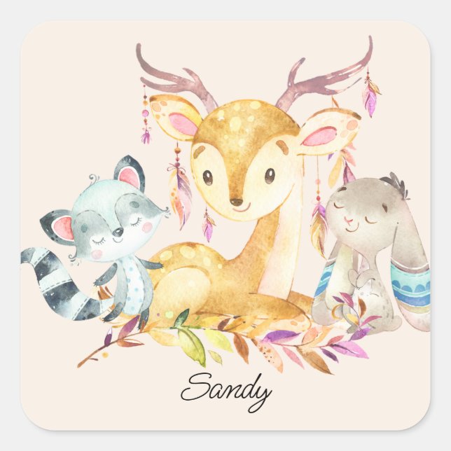 Sticker Carré Bébé mignon Animaux Personnalisés Nom Sexe Neutre (Devant)