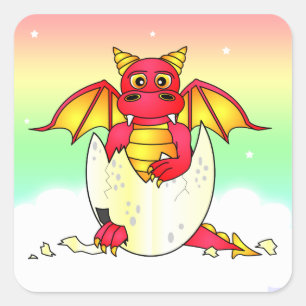 Sticker Carré Bébé mignon de dragon en oeuf criqué - rouge/jaune