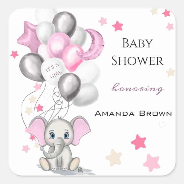 Sticker Carré Bébé mignon éléphant avec ballons Baby shower fill (Devant)