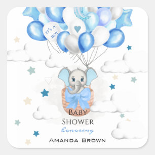 Sticker Carré Bébé mignon Eléphant Ballons Panier Baby shower ga