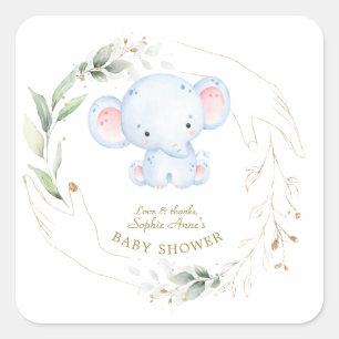 Sticker Carré Bébé mignon Eléphant Jungle Baby shower vert