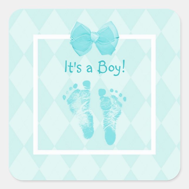 Sticker Carré Bébé mignon Empreintes Baby shower Bleu ruban (Devant)