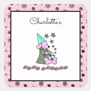 Sticker Carré Bébé mignon fille rose Élégant chien drôle