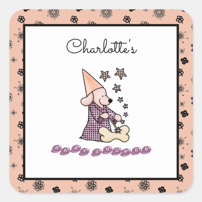 Sticker Carré Bébé mignon fille rose et noir élégant chien drôle (Devant)