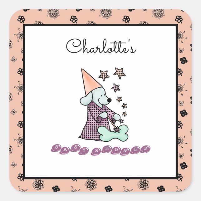 Sticker Carré Bébé mignon fille rose et noir élégant chien drôle (Devant)