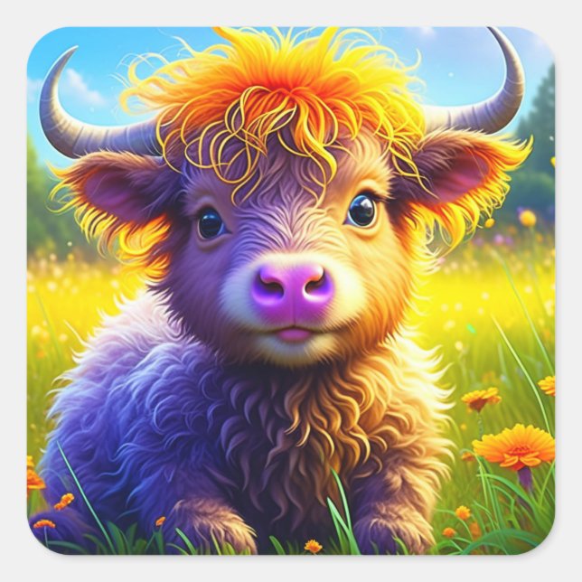 Sticker Carré Bébé mignon vache Highland en champ ou en fleurs (Devant)
