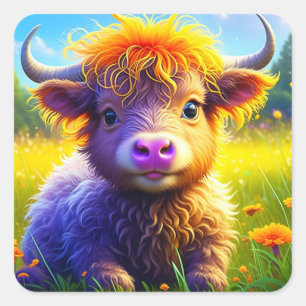Sticker Carré Bébé mignon vache Highland en champ ou en fleurs