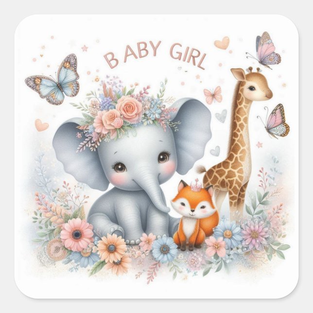 Sticker Carré Bébé mignonne Fille Bois Animaux avec Fleurs (Devant)